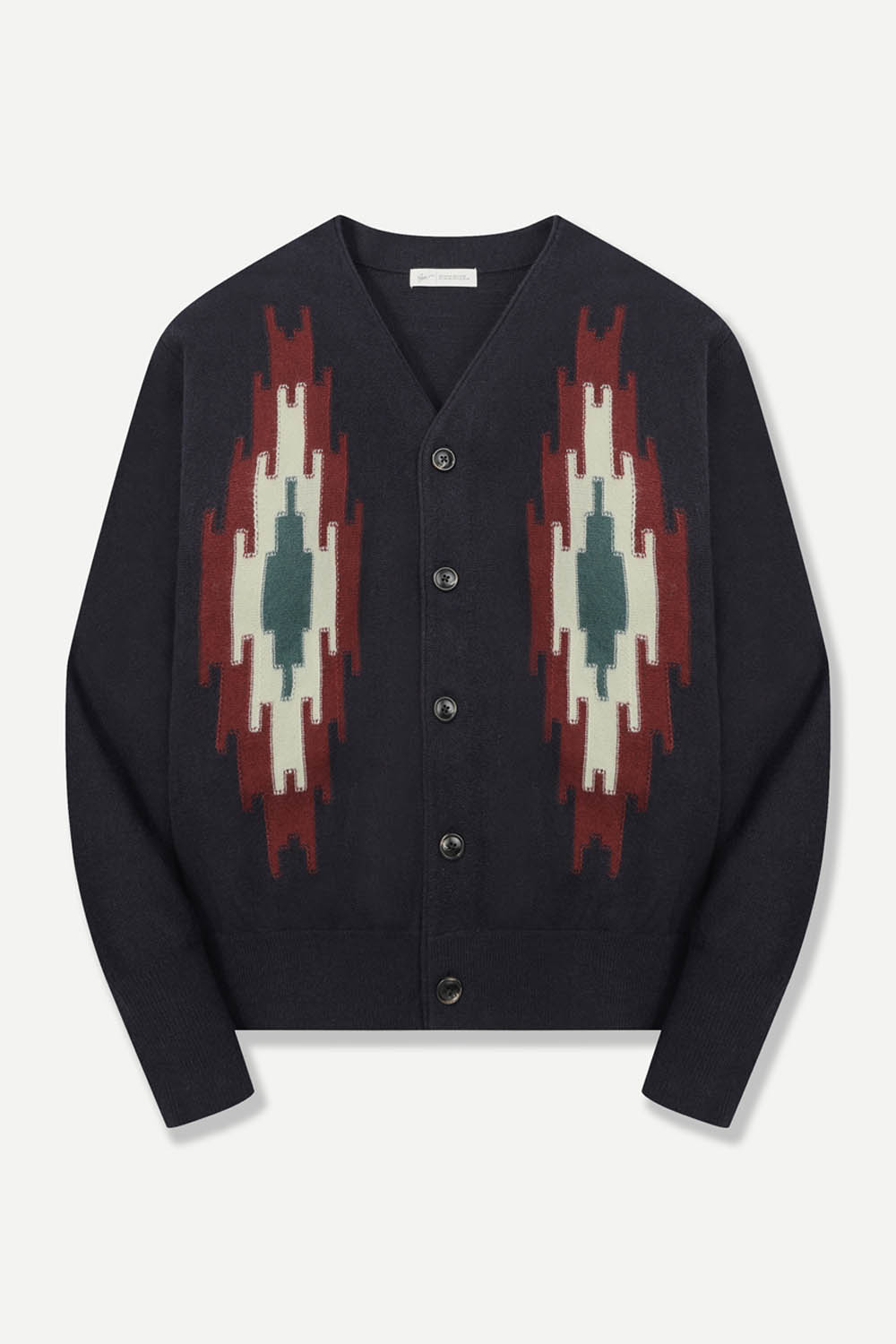 울 혼방 자카드 자수 가디건 네이비