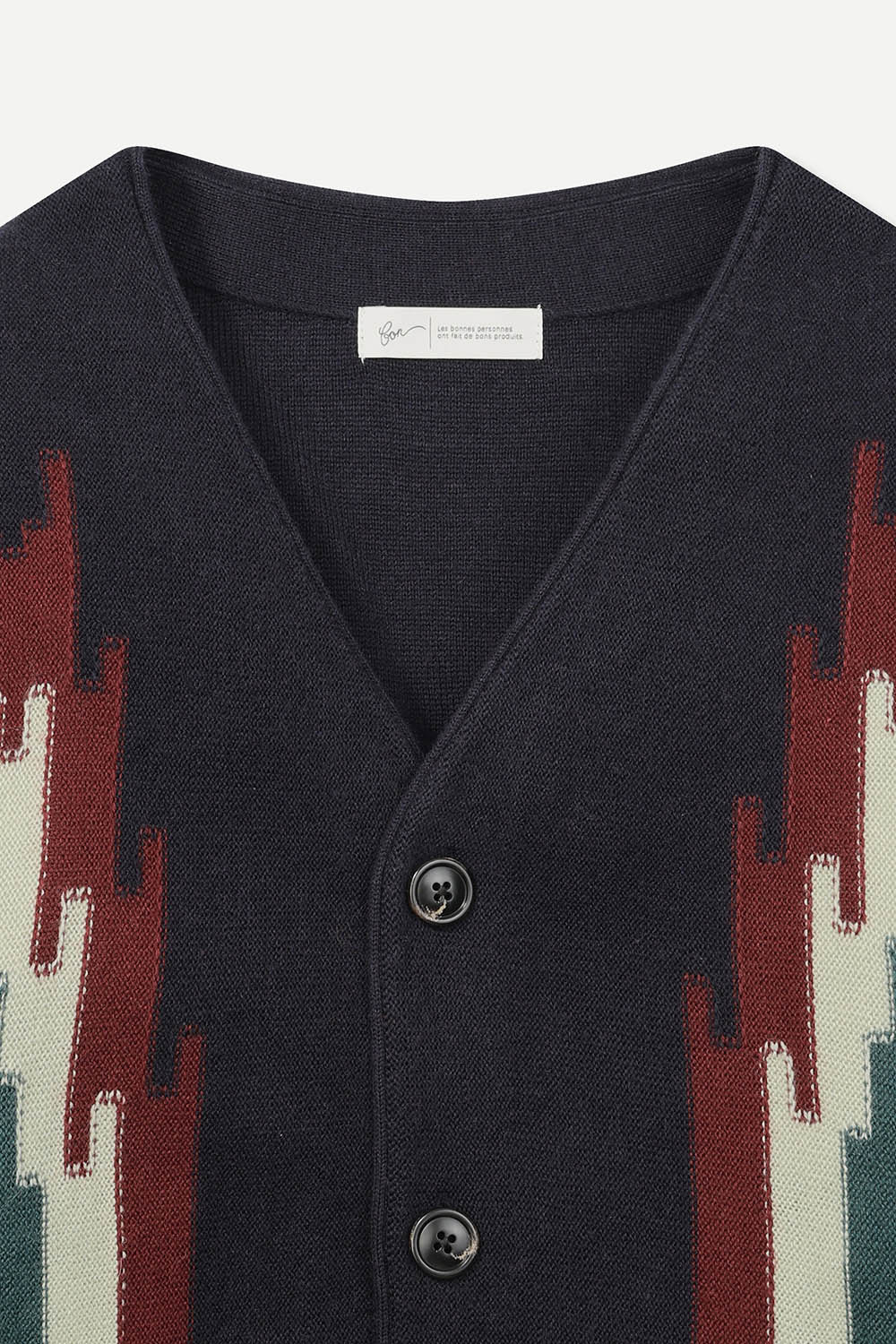 울 혼방 자카드 자수 가디건 네이비