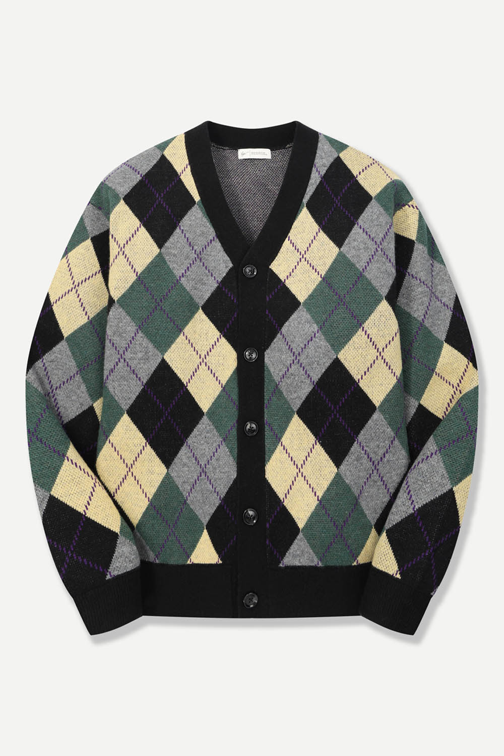 울 혼방 아가일 패턴 Y넥 가디건 그린