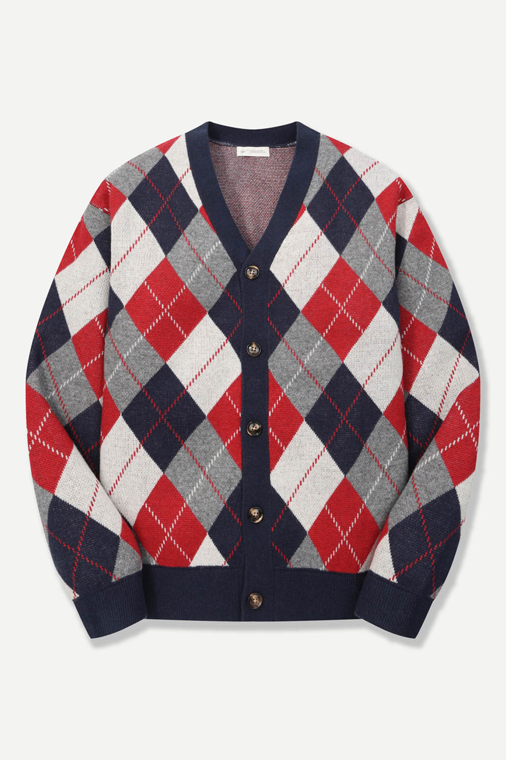 울 혼방 아가일 패턴 Y넥 가디건 레드