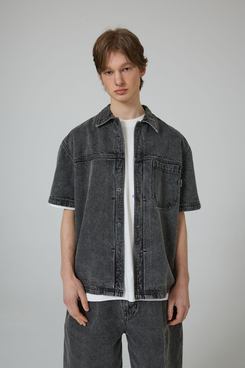 [본] 데님 반팔 셔츠 그레이