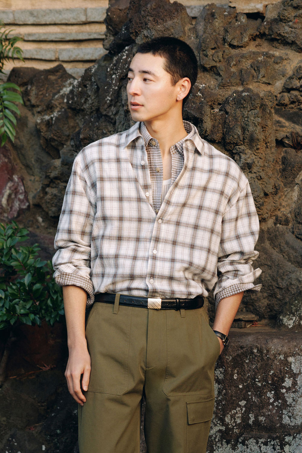 [본] 크리즈 체크 셔츠 아이보리