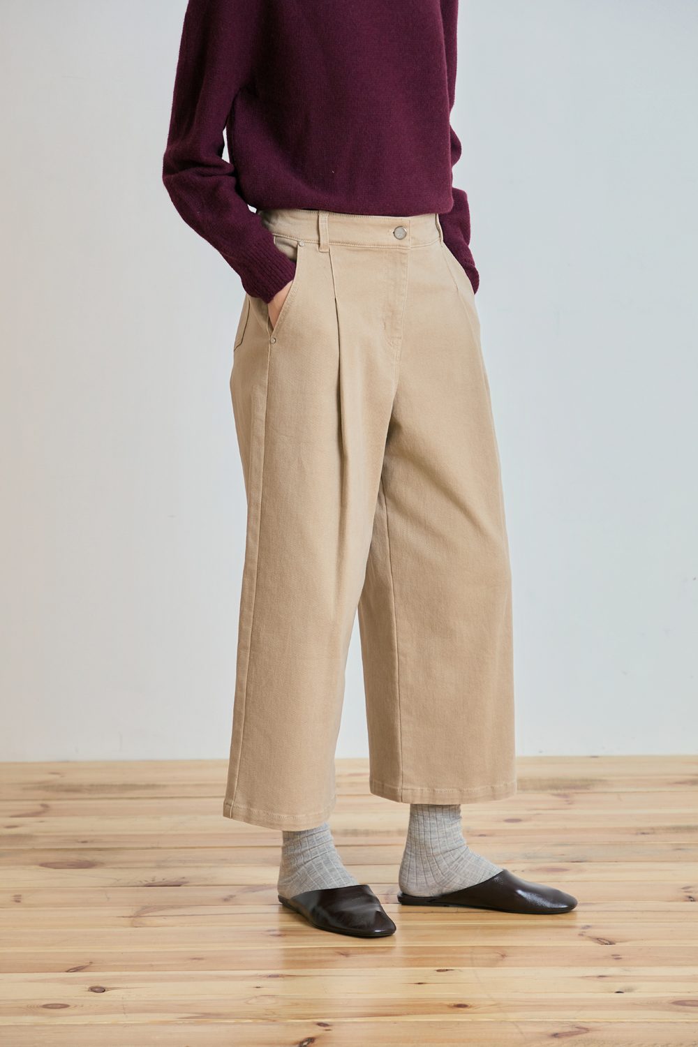 [캐리스노트] 크롭 와이드 데님 팬츠 베이지