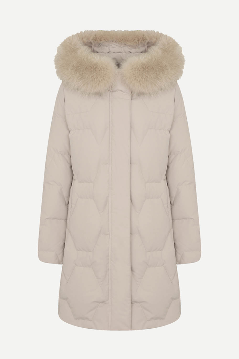 [캐리스노트] 폭스퍼 탈착 덕다운 퀄팅 후드 점퍼 베이지