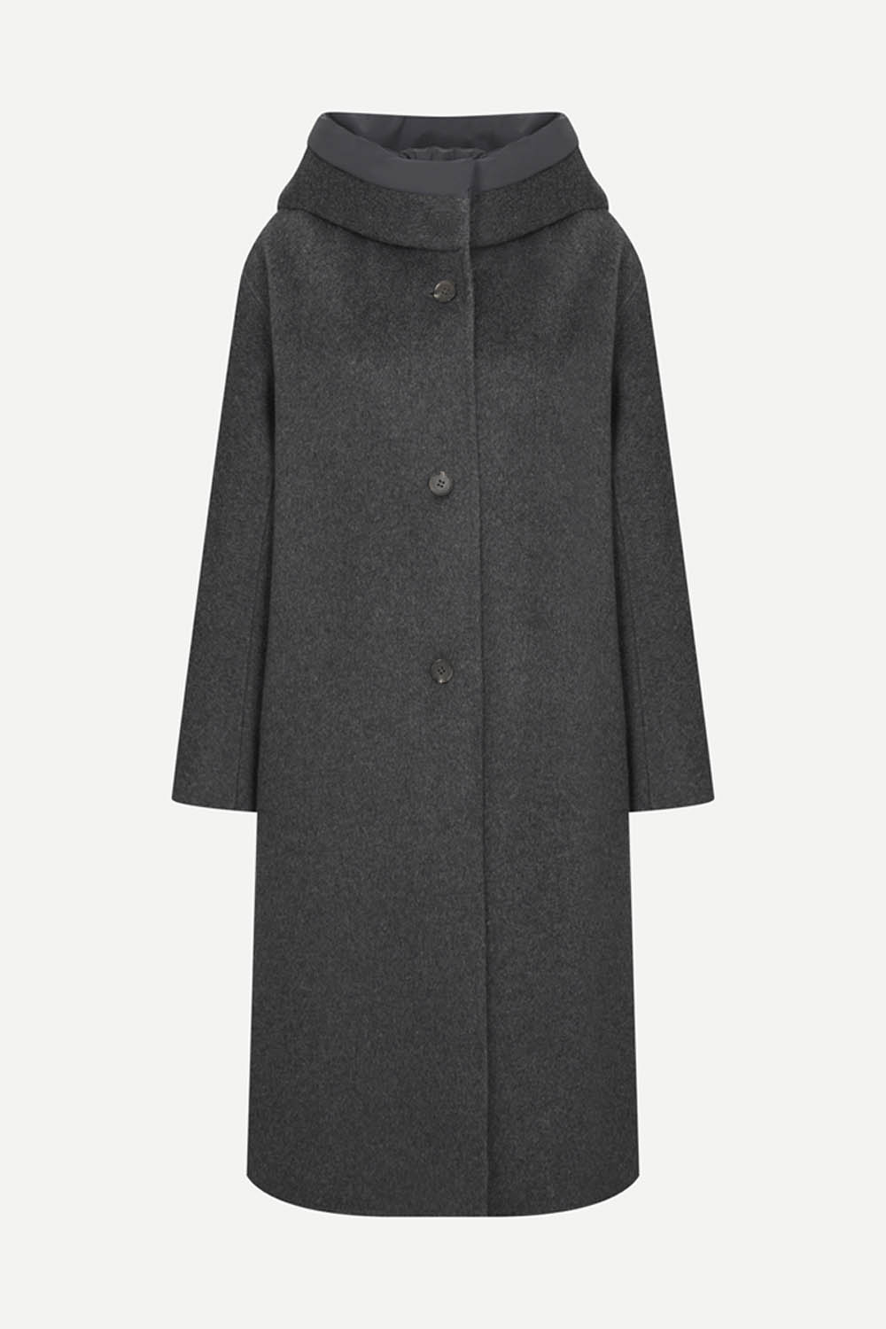 [공식몰] 패딩 후드 핸드메이드 롱 코트 다크 그레이