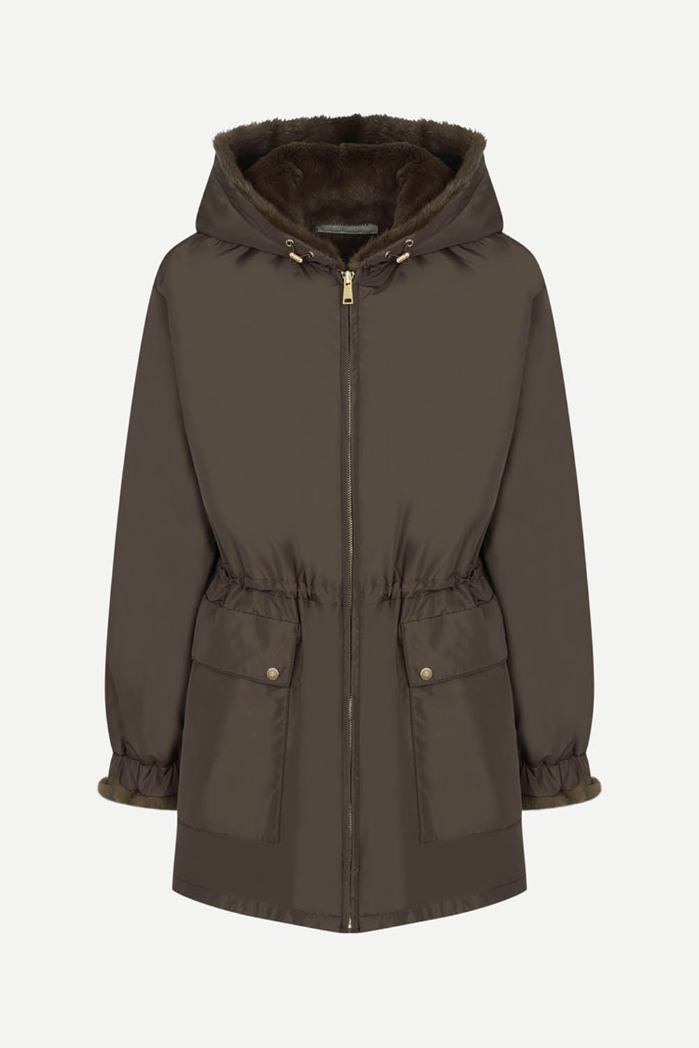 [공식몰] 밍크 배색 후드 블루종 점퍼 브라운