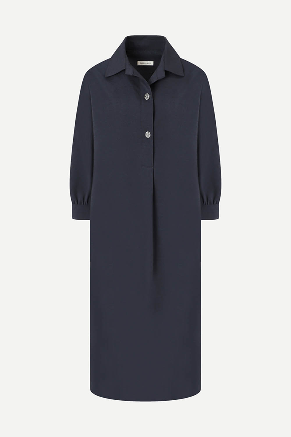 [캐리스노트] 포인트 버튼 카라 롱 원피스 네이비