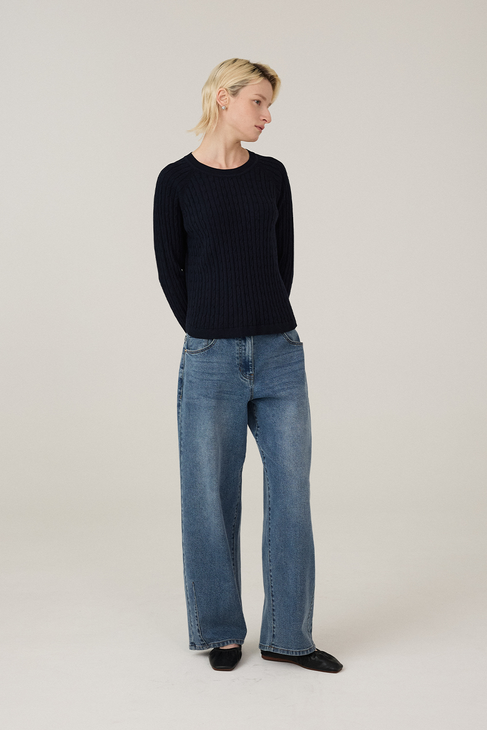 [캐리스노트] 빈티지 브러쉬 와이드 테이퍼드 데님 팬츠 인디고 블루