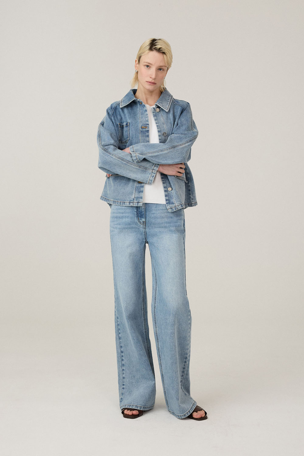 [캐리스노트] 밴딩 디테일 와이드 데님 팬츠 인디고 블루