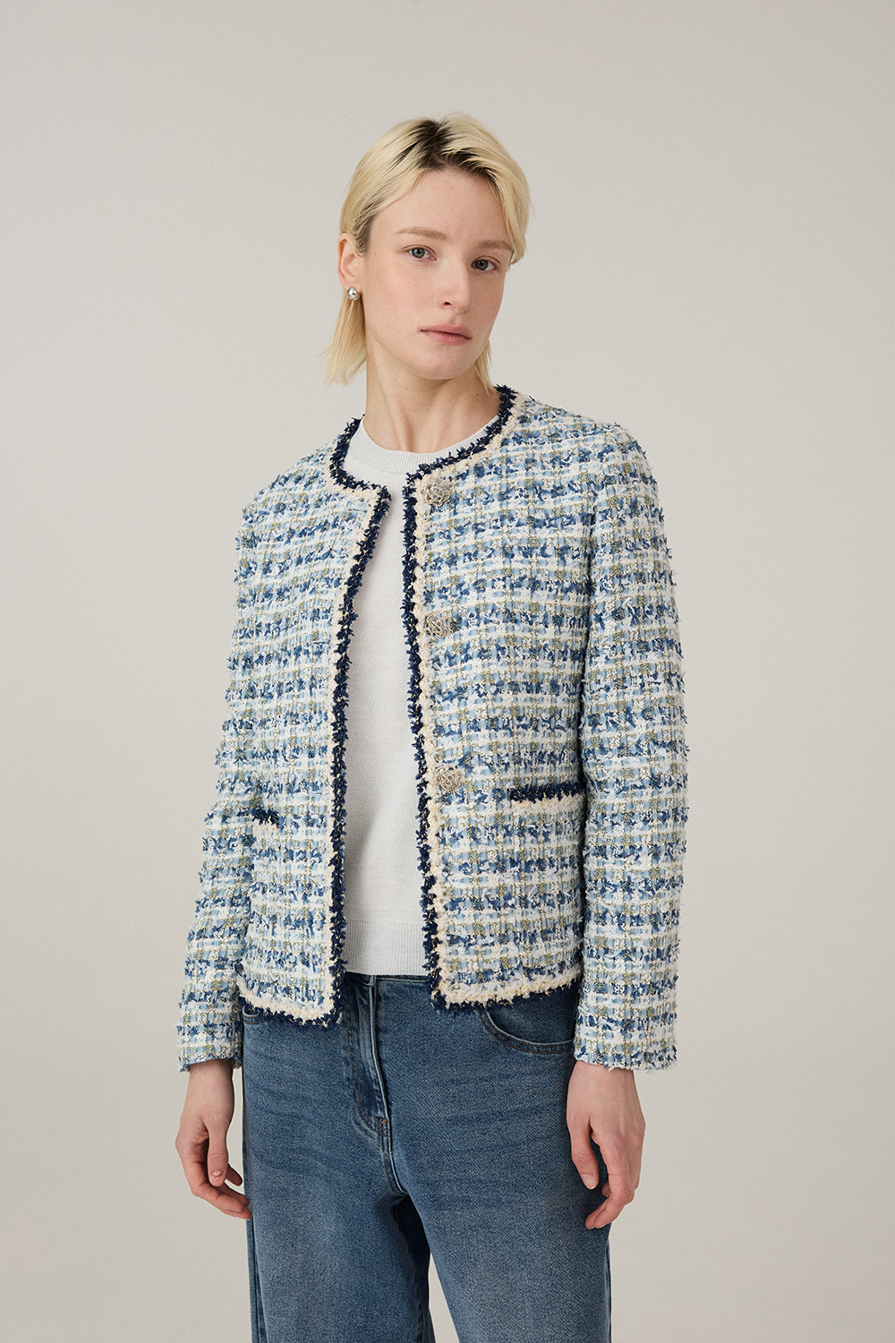 [캐리스노트] 글리터 카라리스 트위드 자켓 블루