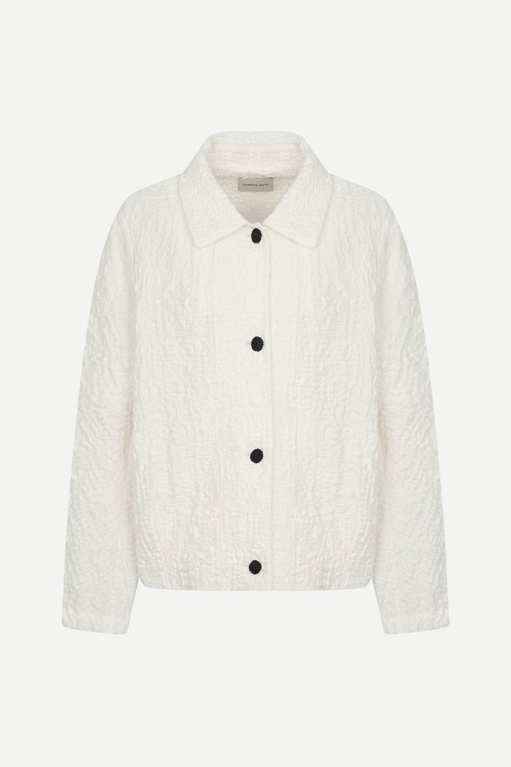 [캐리스노트] 엠보 스탠카라 미디 자켓 화이트
