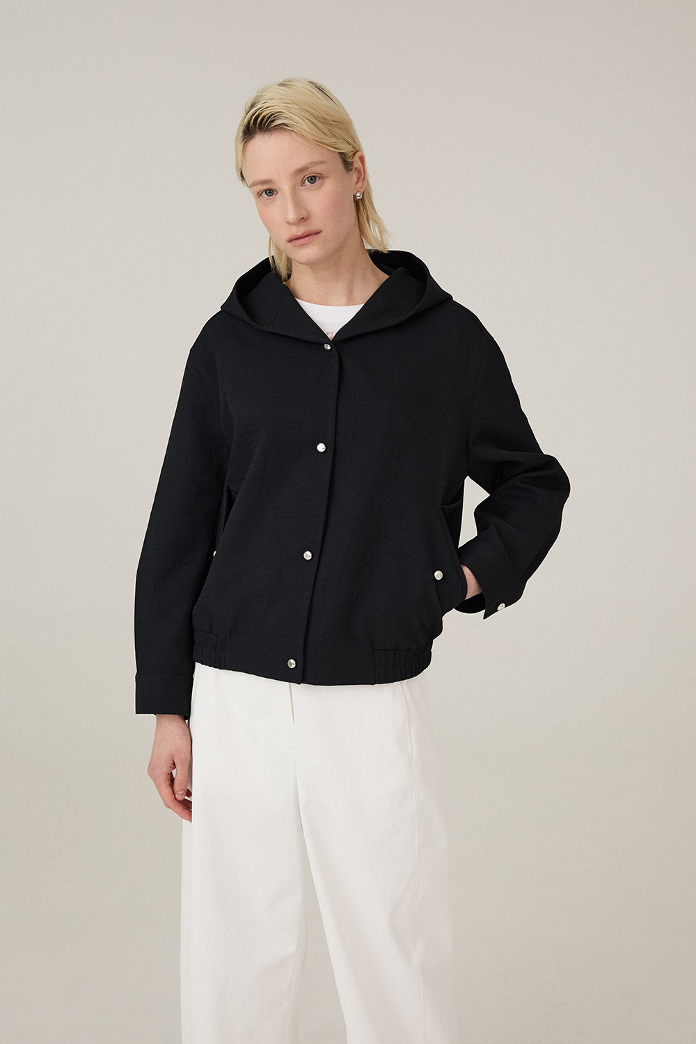 [캐리스노트] 트윌 텍스처 블루종 후드 점퍼 다크 네이비