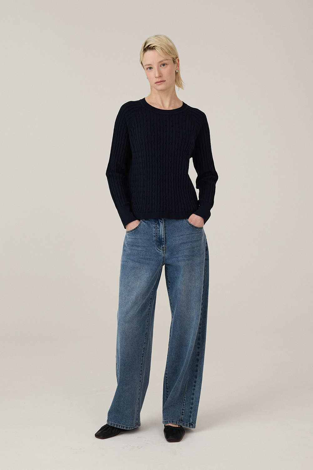 [캐리스노트] 코튼 블렌드 케이블 니트 다크네이비