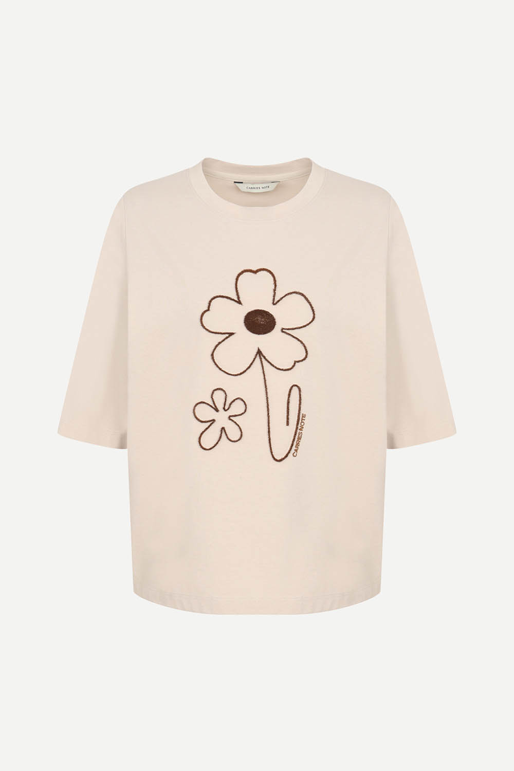 [캐리스노트] 플라워 잔디 자수 코튼 티셔츠 베이지