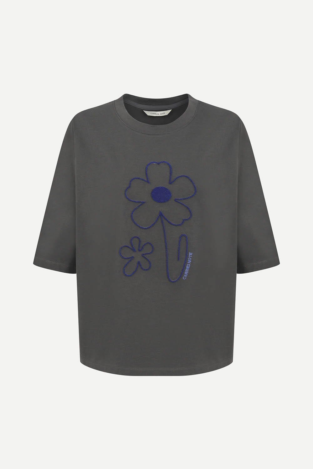 [캐리스노트] 플라워 잔디 자수 코튼 티셔츠 차콜