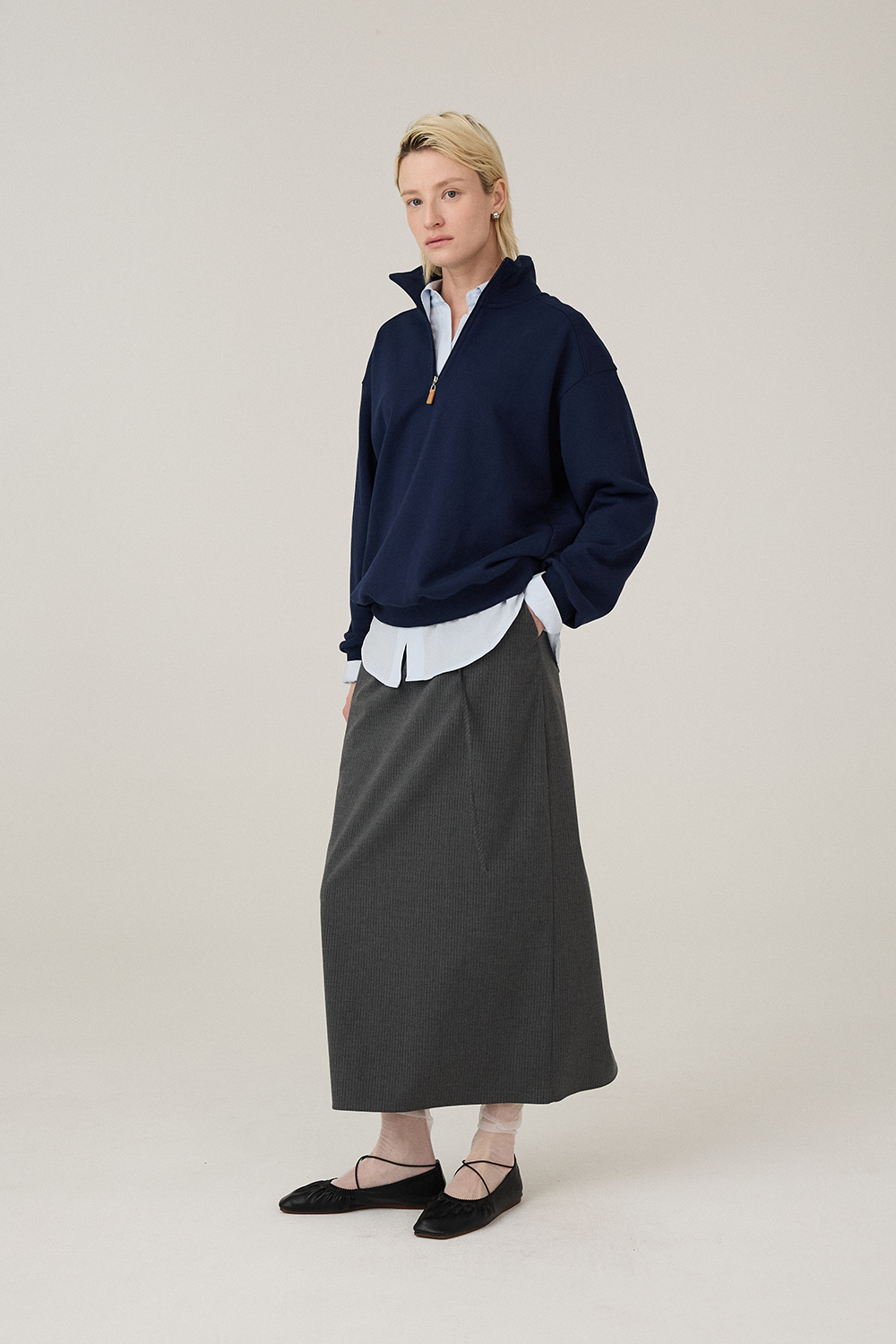 [캐리스노트][온라인단독] 코튼 100% 하프집업 맨투맨 네이비