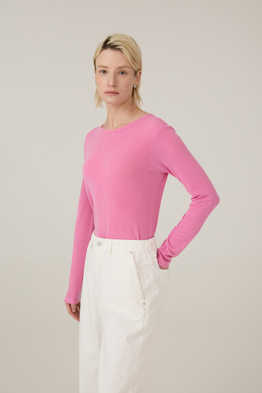 [캐리스노트][온라인단독] 데일리 스판 슬림핏 이너 티셔츠 핑크