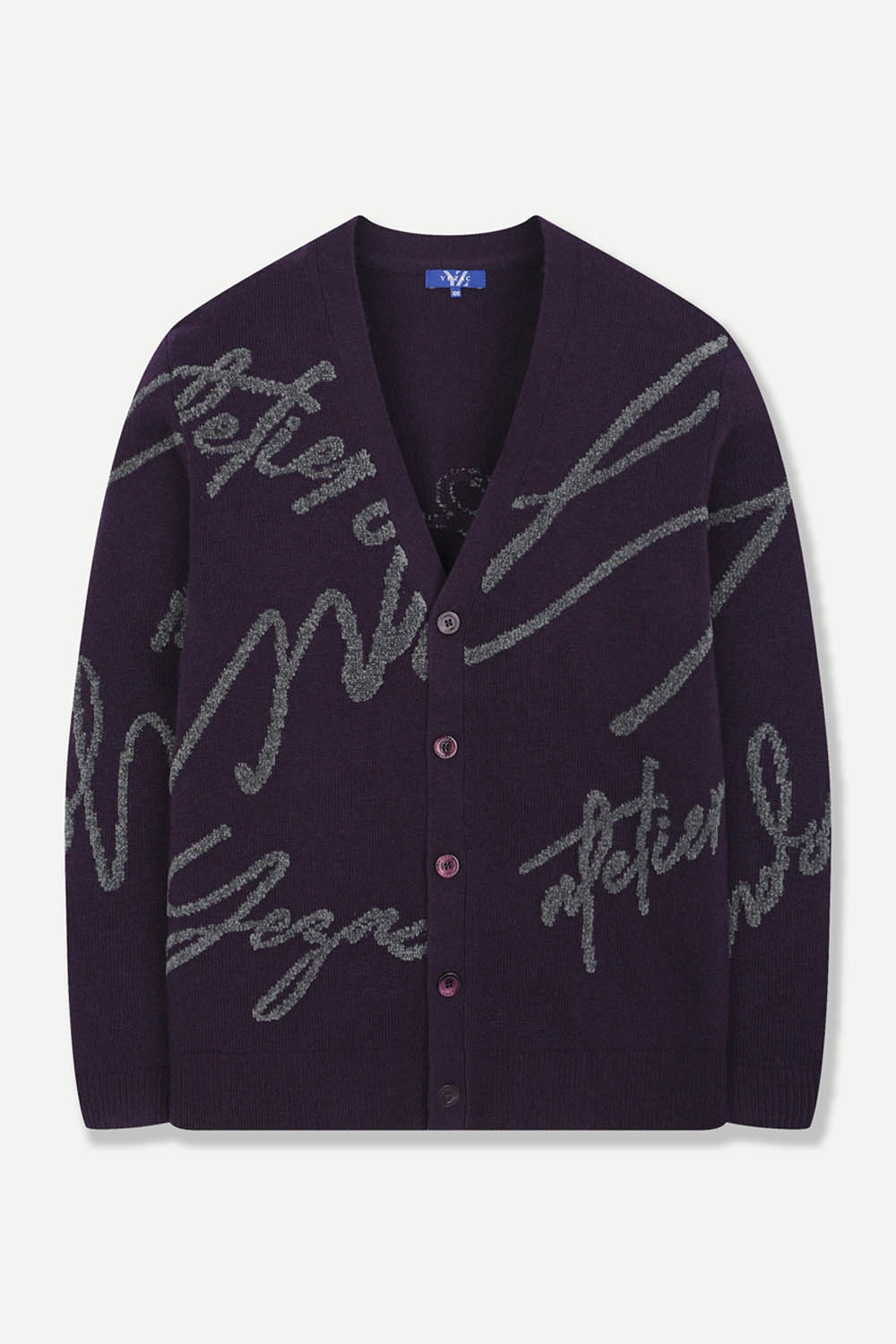 [공식몰] 레터링 자카드 브이넥 니트 가디건 바이올렛